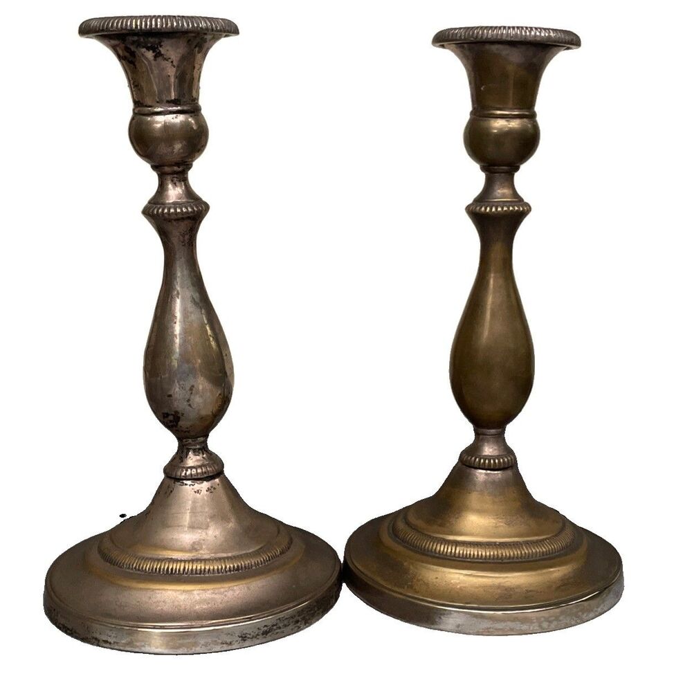 Vintage Silver-Plated Brass Candlesticks with Heavy Patina